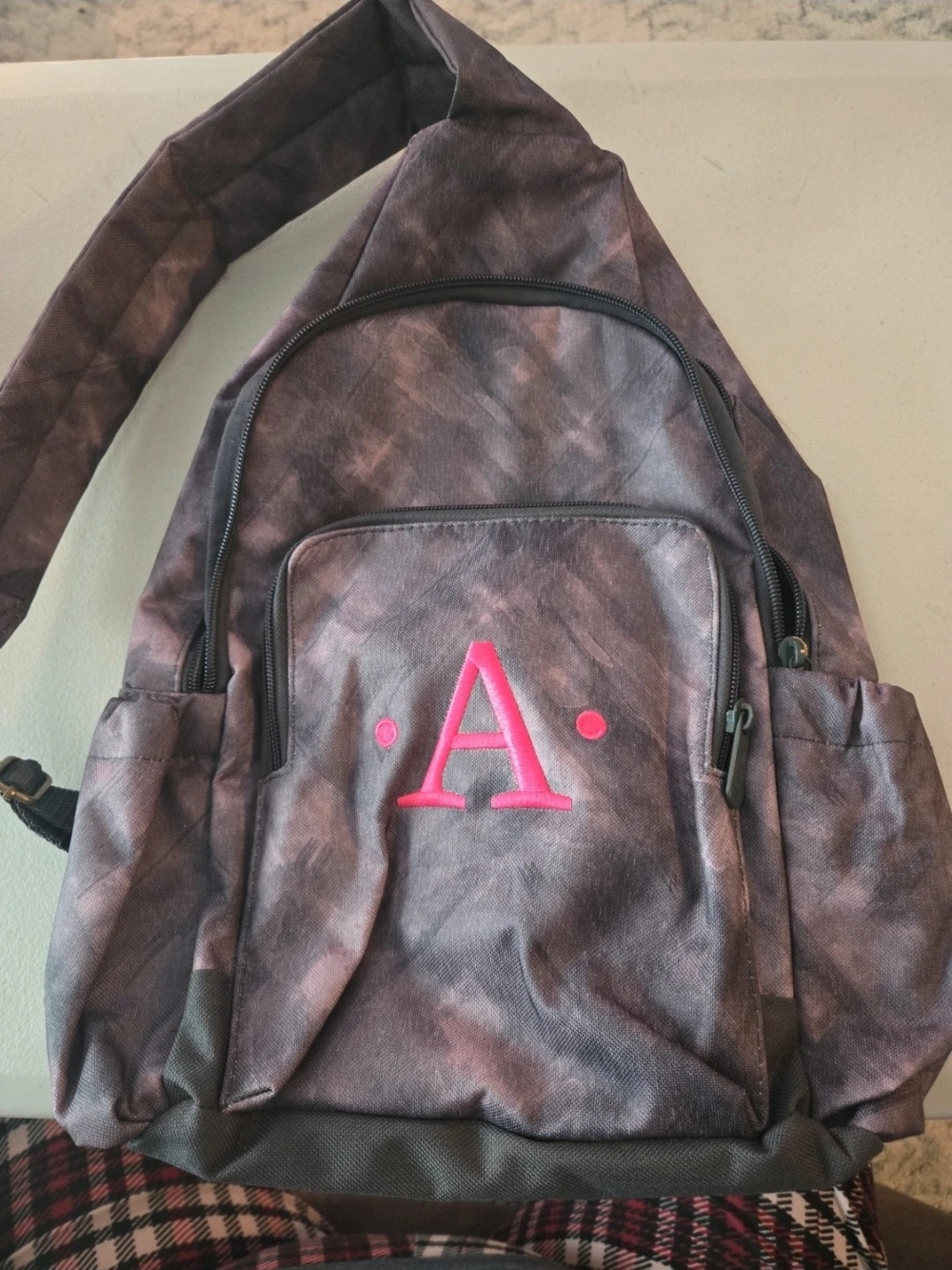 Monogram A Pink Accent Gray Sling Backpack -thirty One
